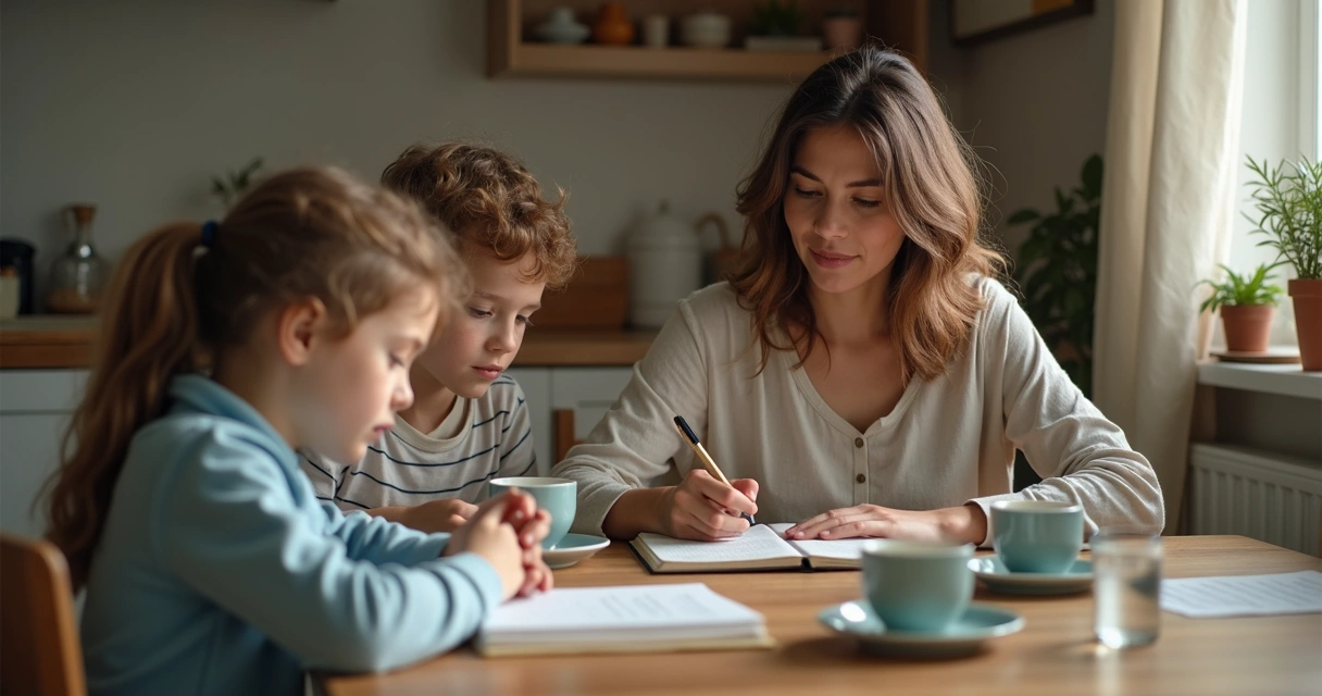 Parent writing notes while family talks at kitchen table
