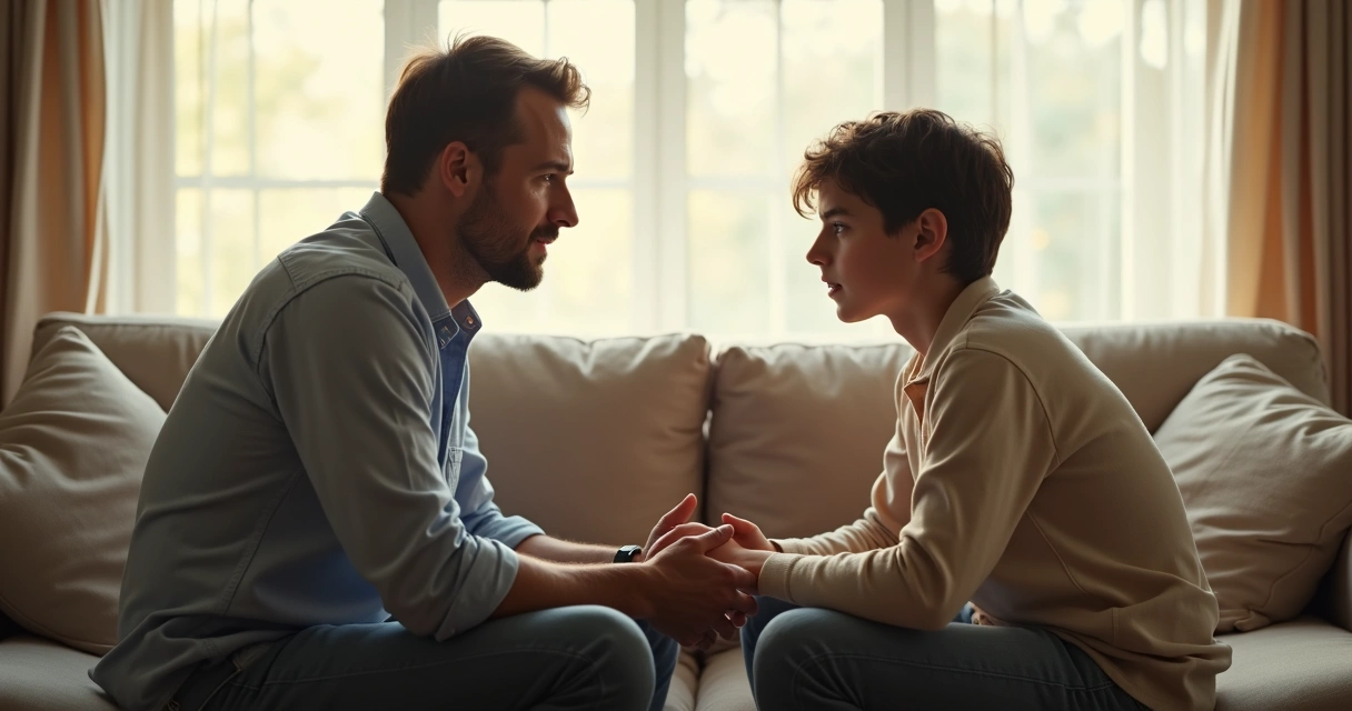 Father and teenage son sitting across from each other in a living room, both quietly reflecting, with soft lighting and calm atmosphere 