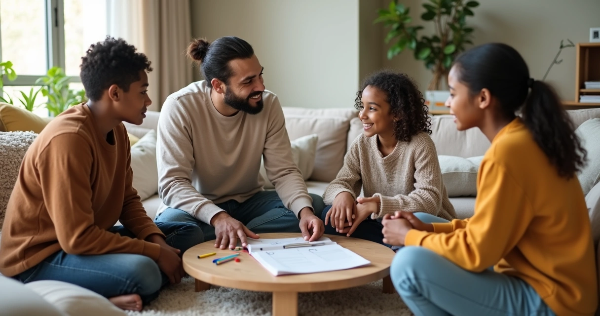 Family sitting together at home practicing shared responsibility 
