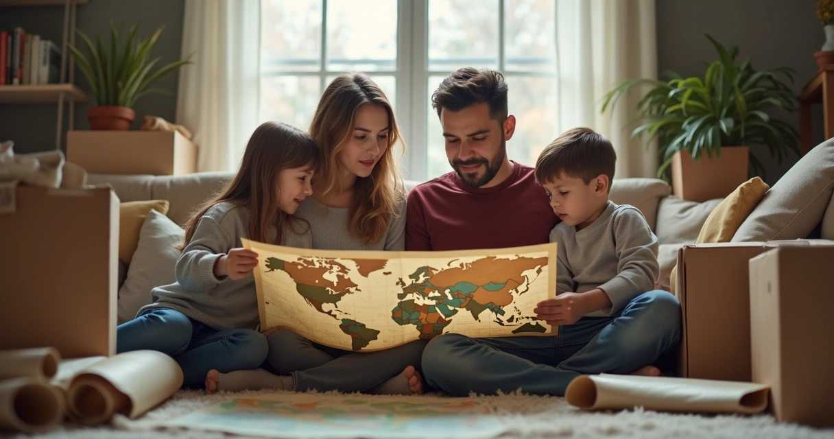 Family surrounded by boxes with old and new maps 