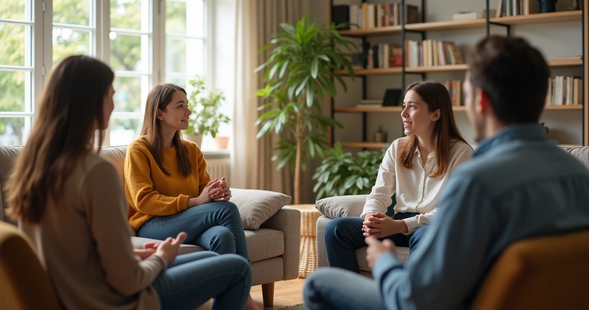 Family having a calm conversation in living room 