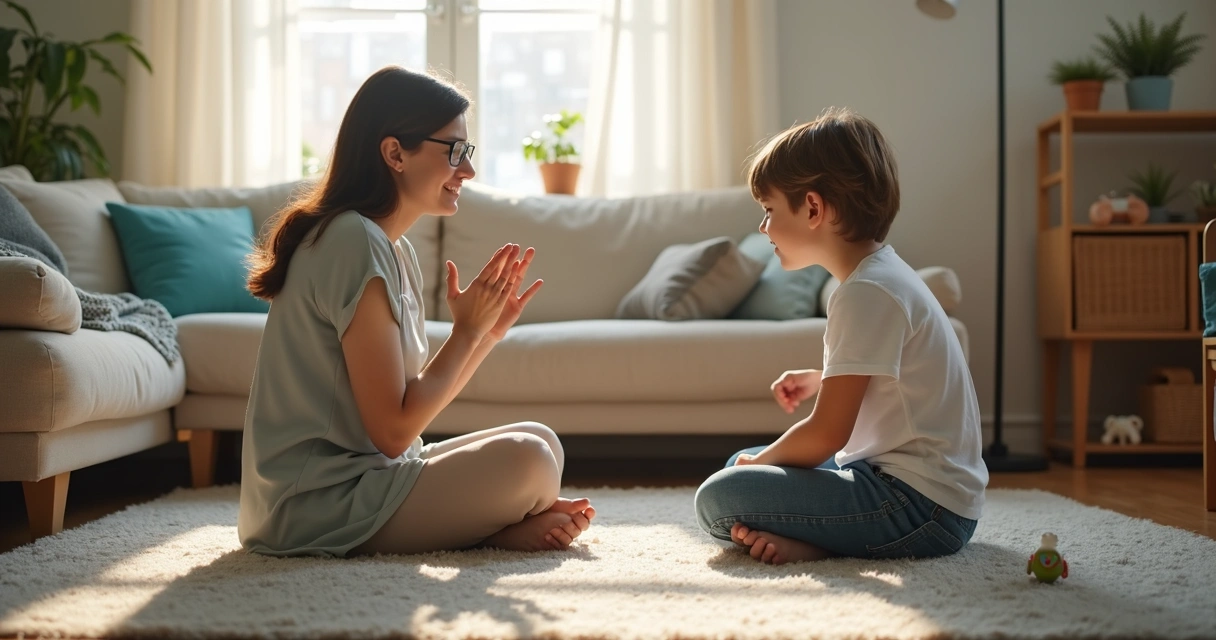 Parent and child sitting together after conflict and talking calmly