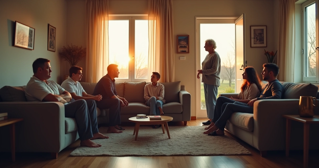 Multi-generation family in a living room divided between conflict and connection 