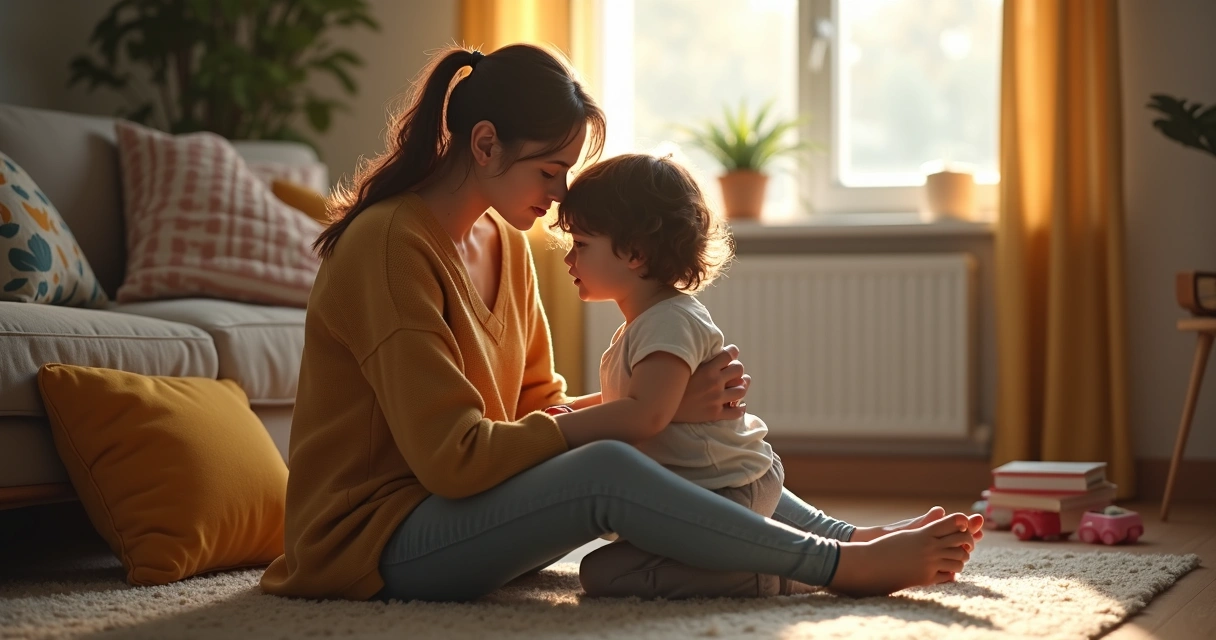 Mother comforting child after a disagreement 