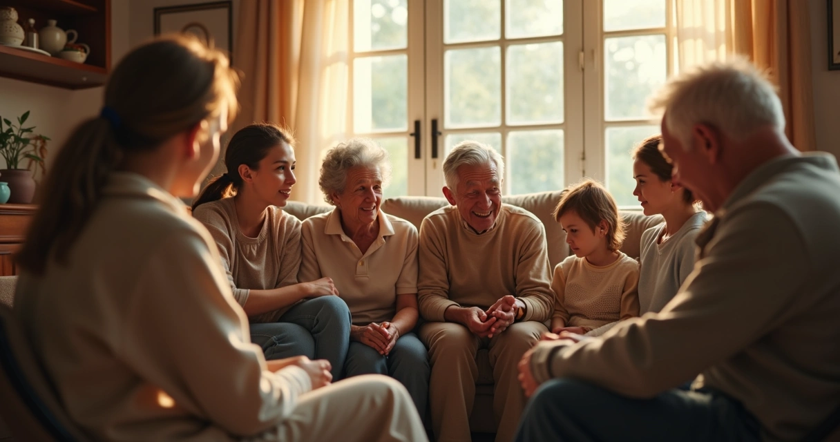 Family sitting together in a living room, engaged in conversation, some showing emotions