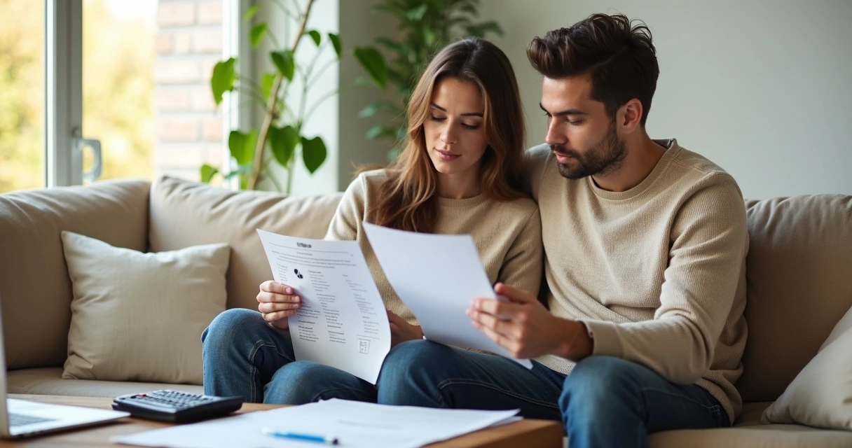 Young couple in their living room reviewing a printed credit report and discussing mortgage options 