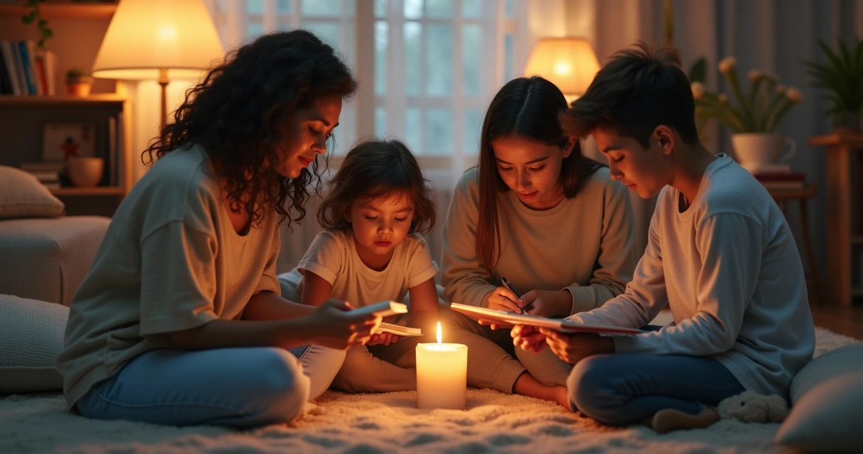Family sitting on a living room floor with candles and notebooks 