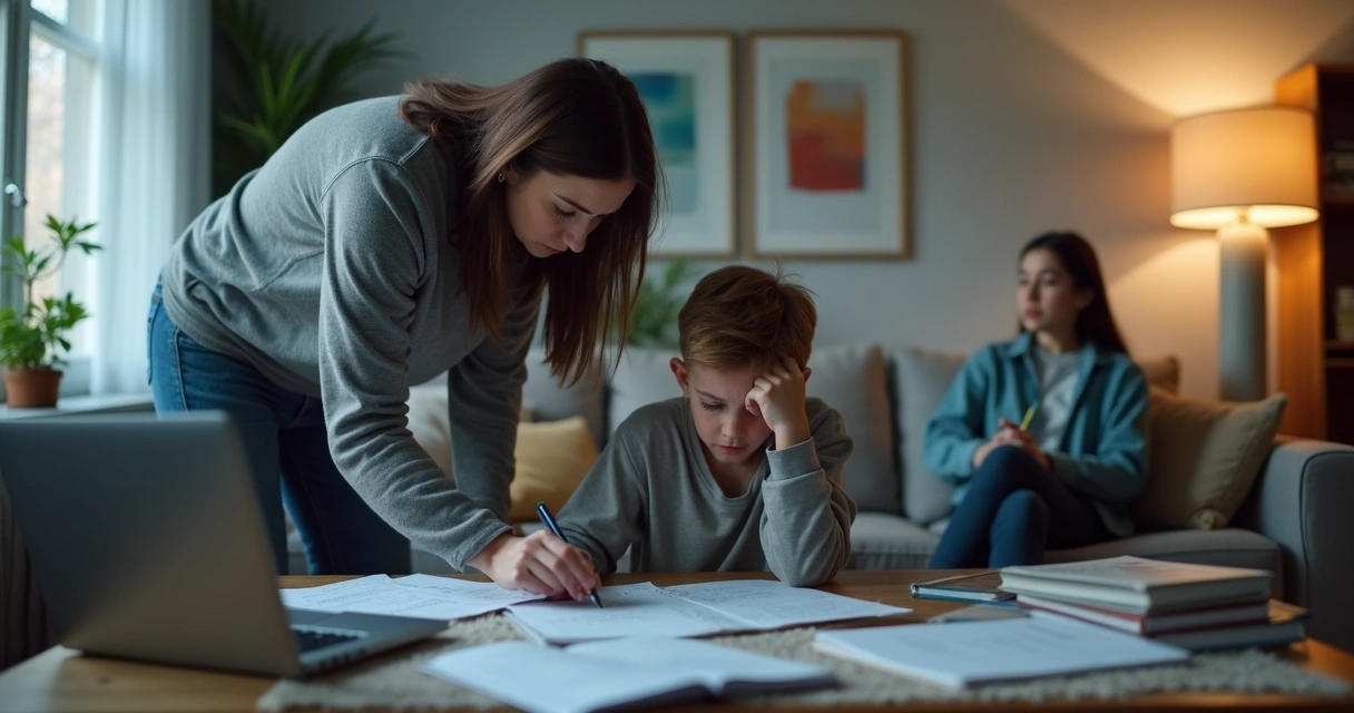 Parent overhelping teenager with homework in a tense family living room 