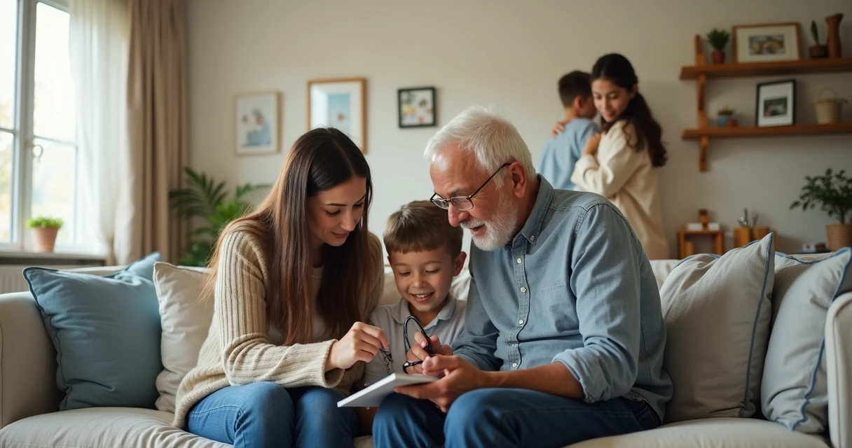 Adult child helping an older parent while family watches
