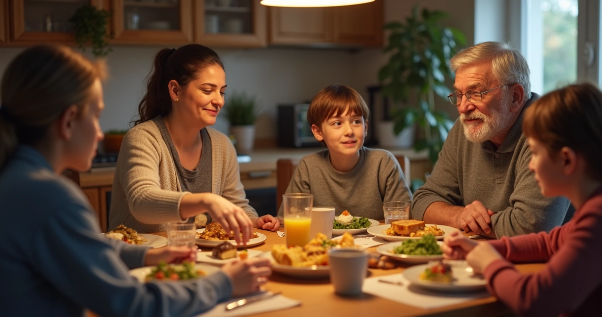 Family at dinner table showing different roles