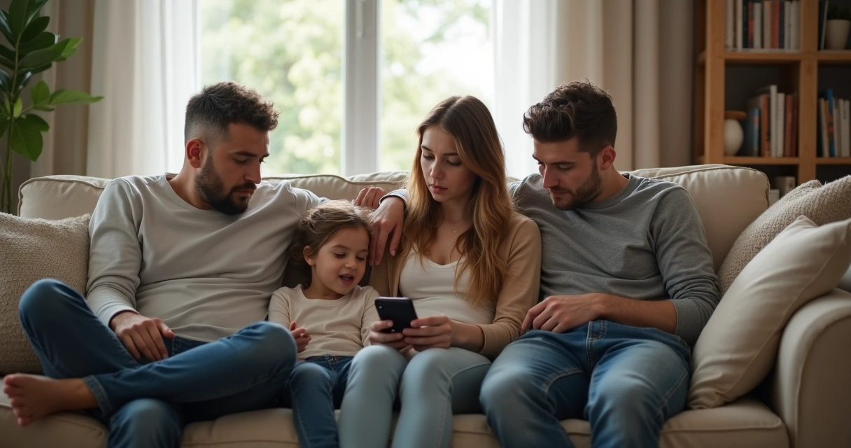 Family sitting together, some looking at each other while others look away, showing visible distance and connection patterns