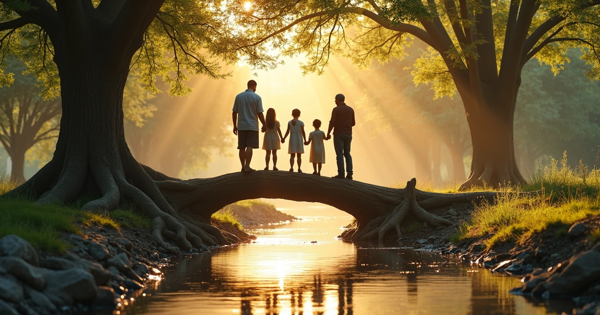 Four family members standing on a living bridge grown from tree roots 