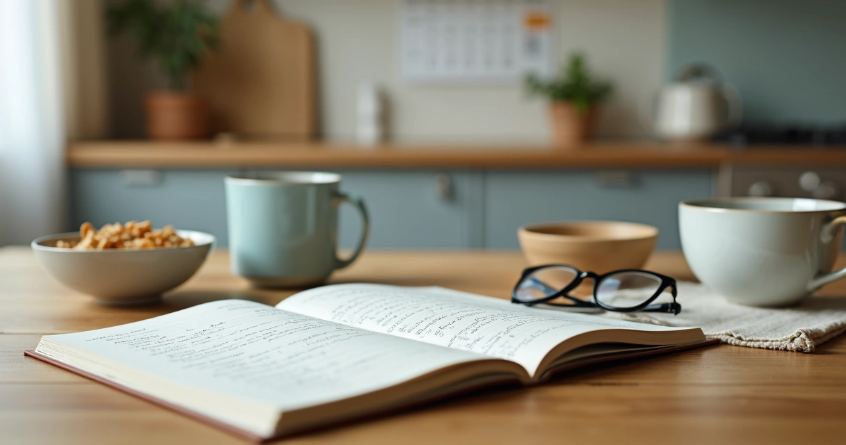 Notebook with family routine notes beside breakfast table
