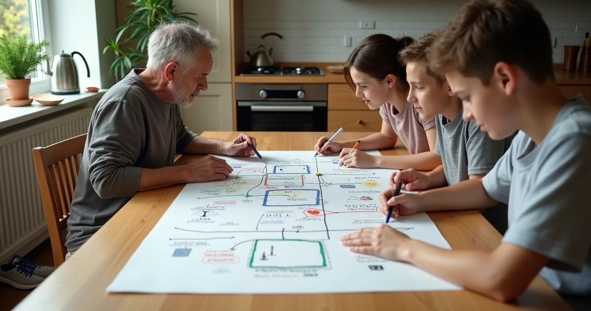 Family around kitchen table tracing emotional patterns on paper timeline 