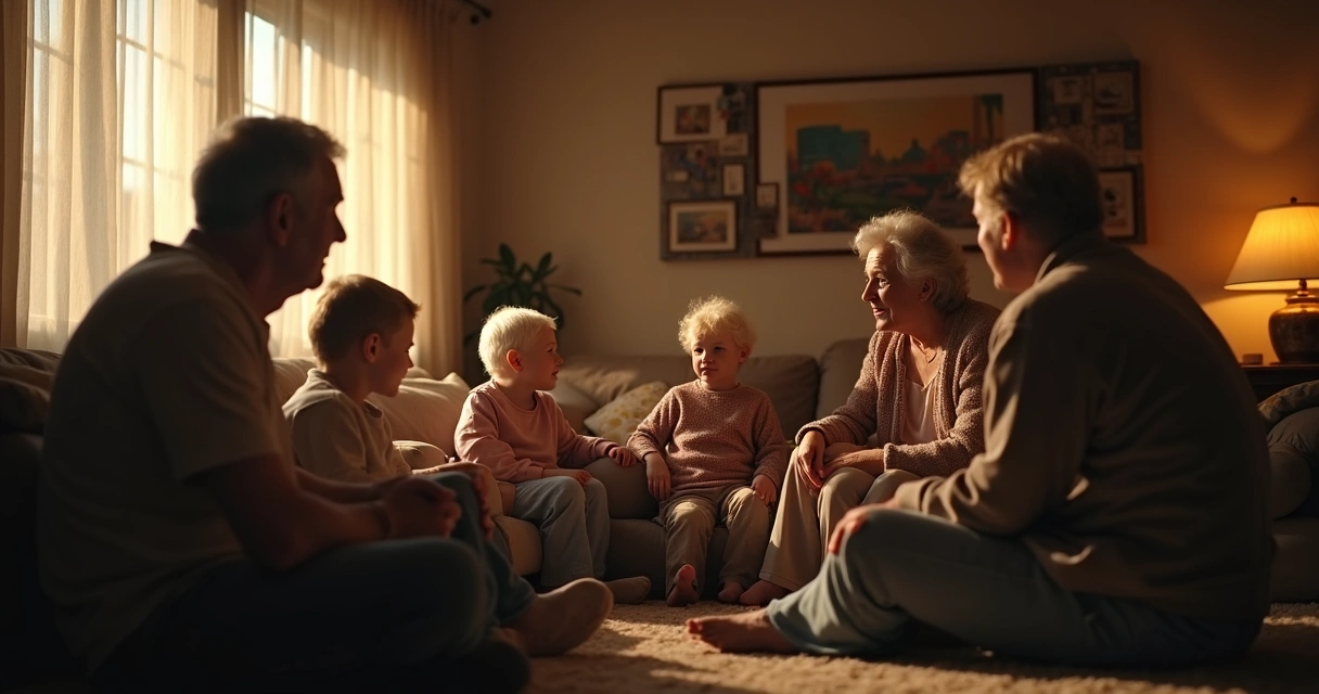 A family in a living room, light highlighting some and others in shadow 