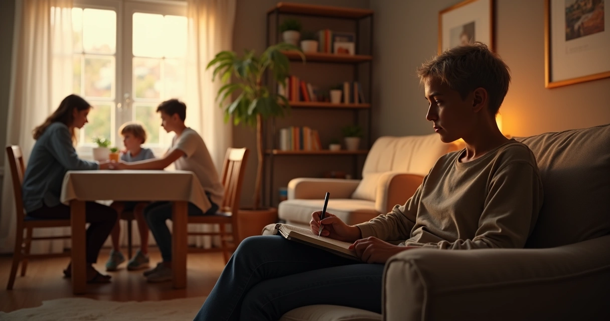 Family member pausing with notebook, reflecting quietly while others interact in background 