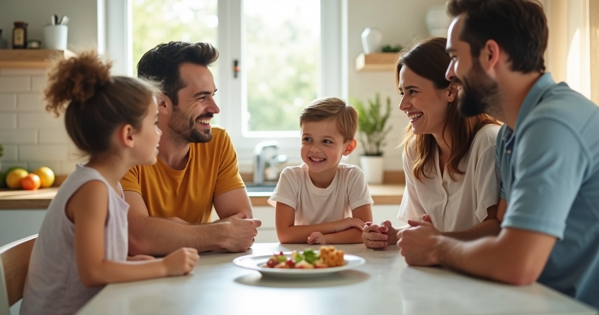 Family discussing boundaries at home around kitchen table 