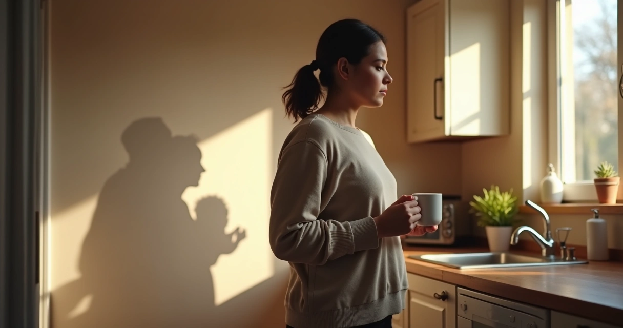 Person in daily routine with family shadows behind