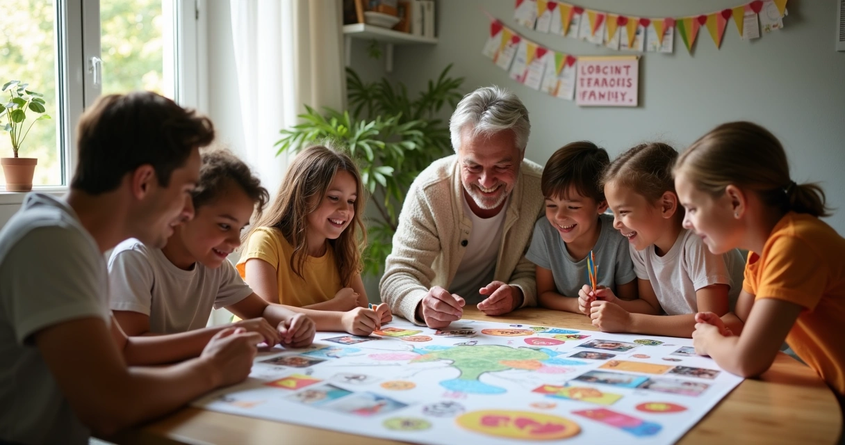 Family gathered together creating a vision board 