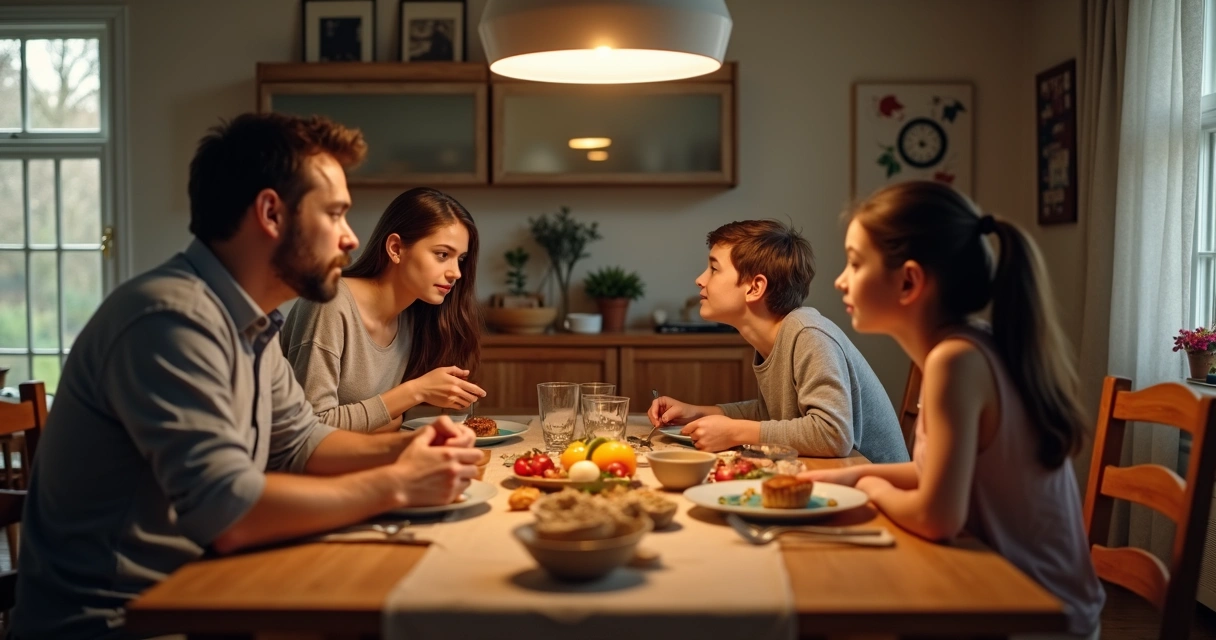 Family of four sitting at dinner table sharing thoughtful conversation
