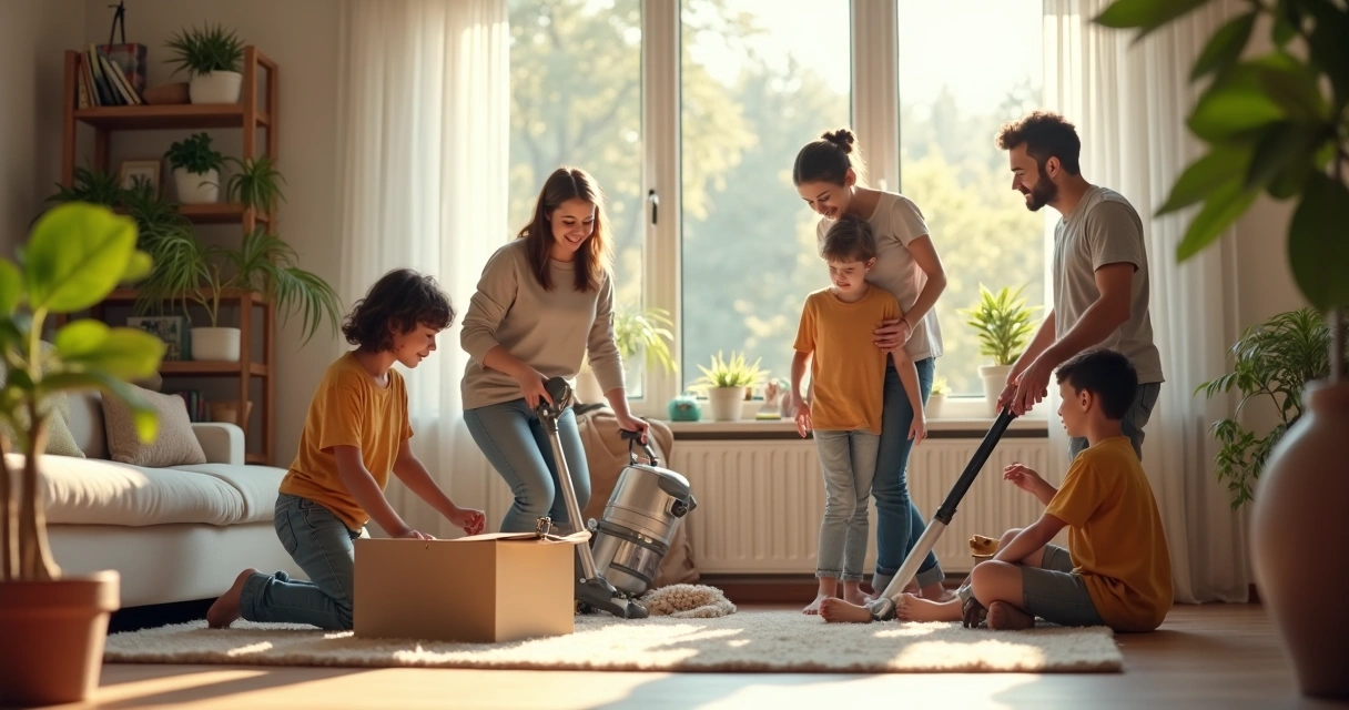 Family members cleaning the living room together 