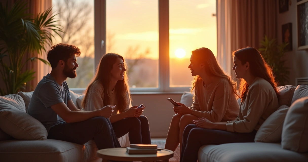 Family sitting in living room sharing opinions, listening attentively 