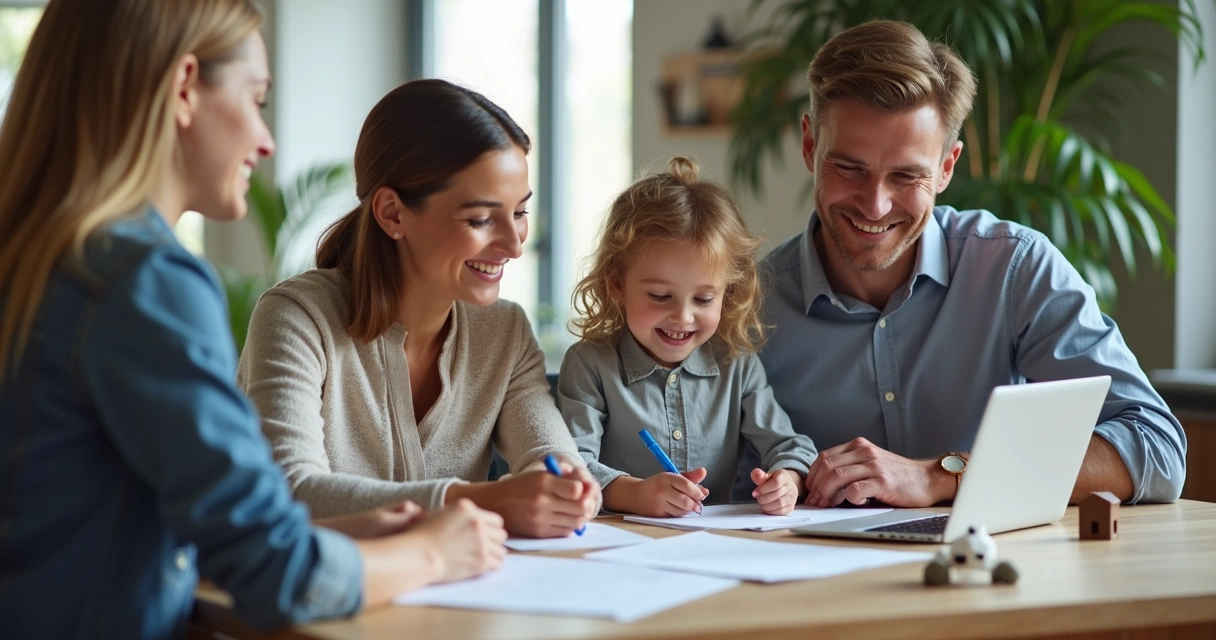 Family signing mortgage documents with advisor 