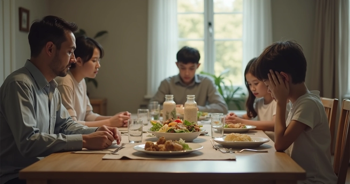 Quiet family dinner with a distant emotional atmosphere