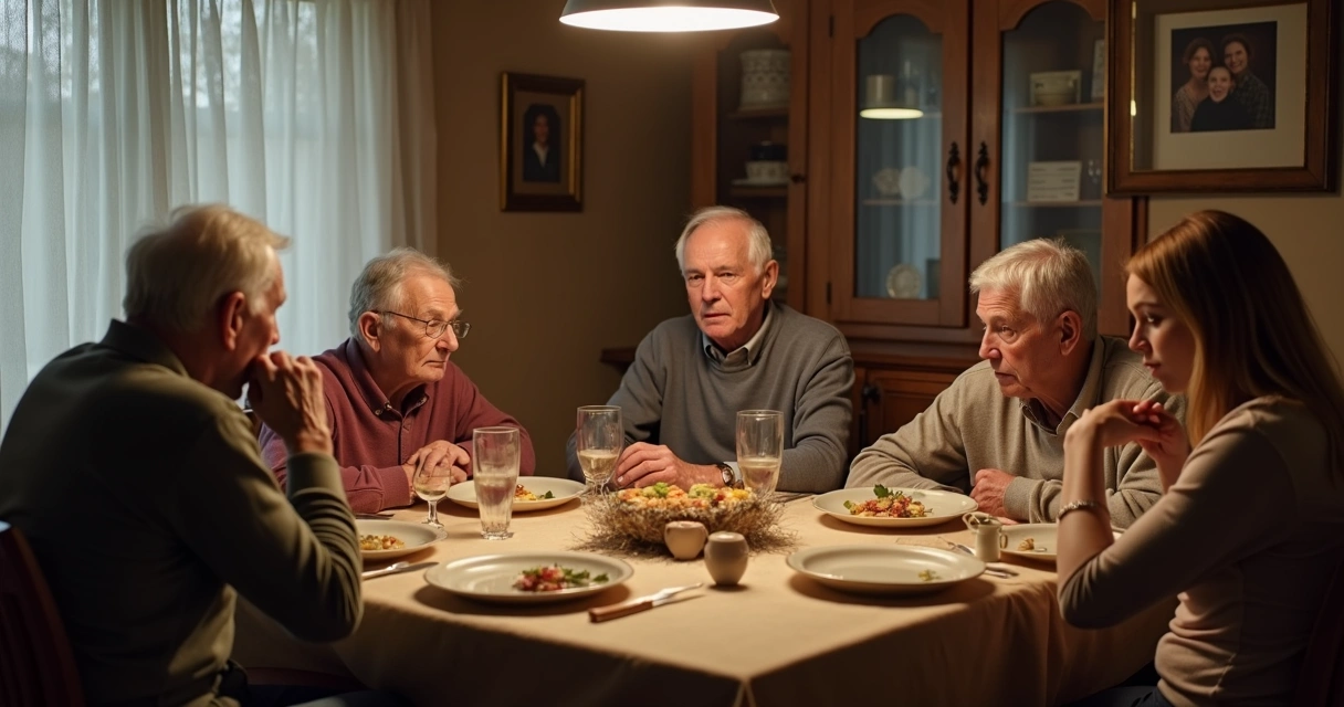 Family sitting in silence at a dinner table 