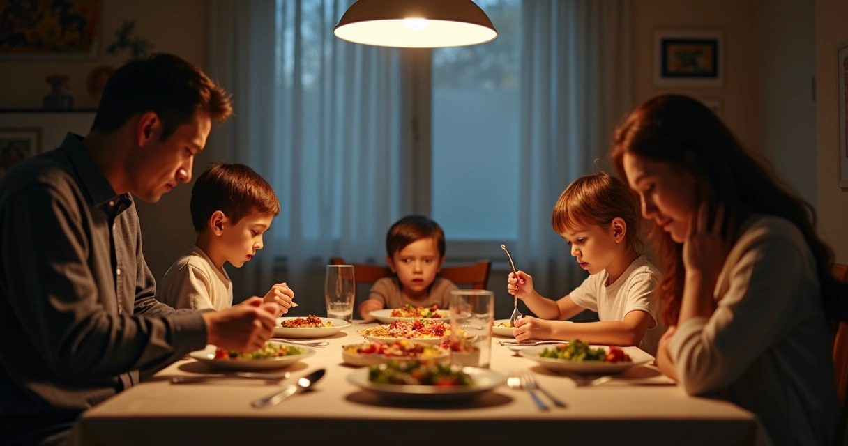 Family at dinner table with silent expressions 
