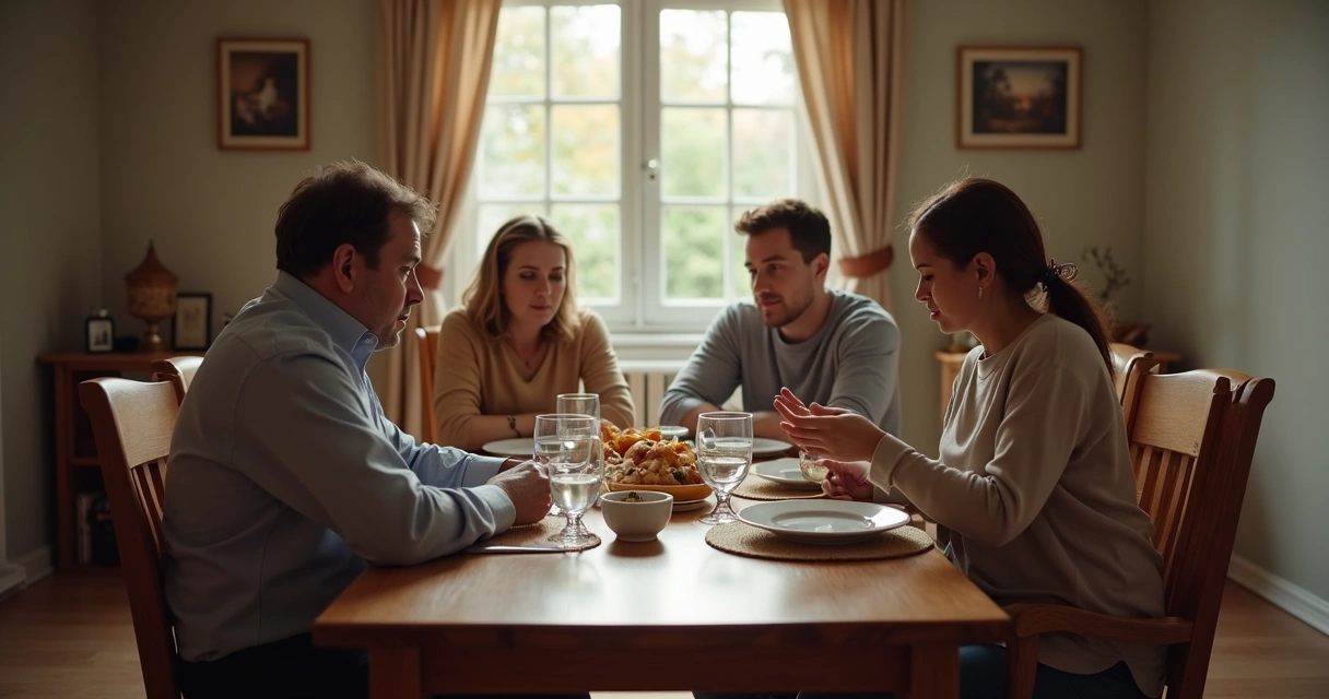 Family sitting in silence at a dinner table