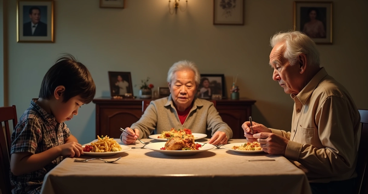 Three generations of a family sit quietly at a dinner table, avoiding eye contact.