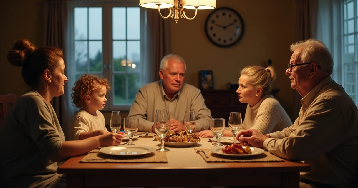 Family seated at dinner table in silence. 