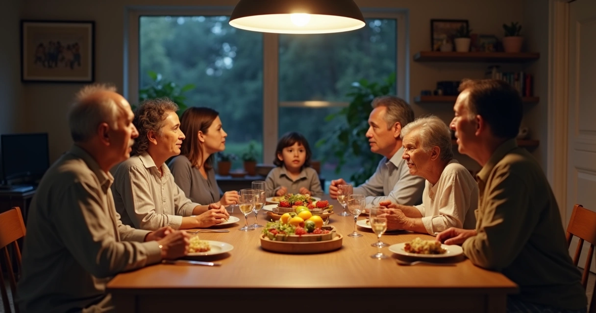 Family sitting at dinner table in silence avoiding each other’s eyes 
