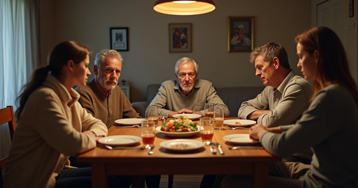 Family sitting in tense silence at a dinner table 