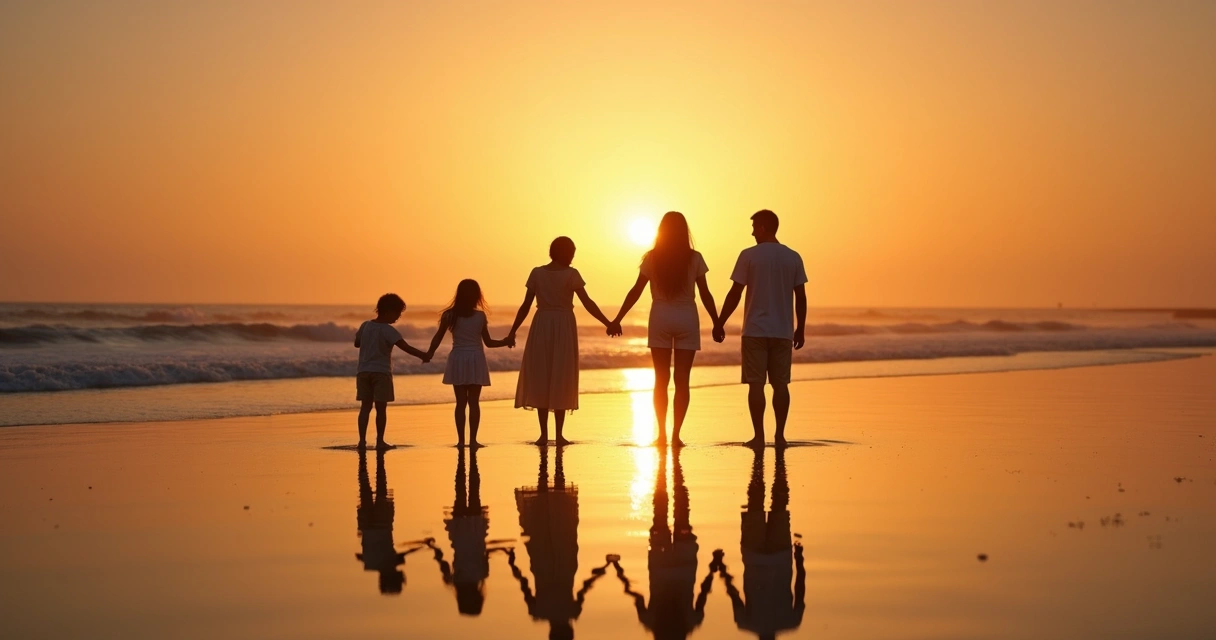 Silhouette of a family holding hands reflected in water at sunset 