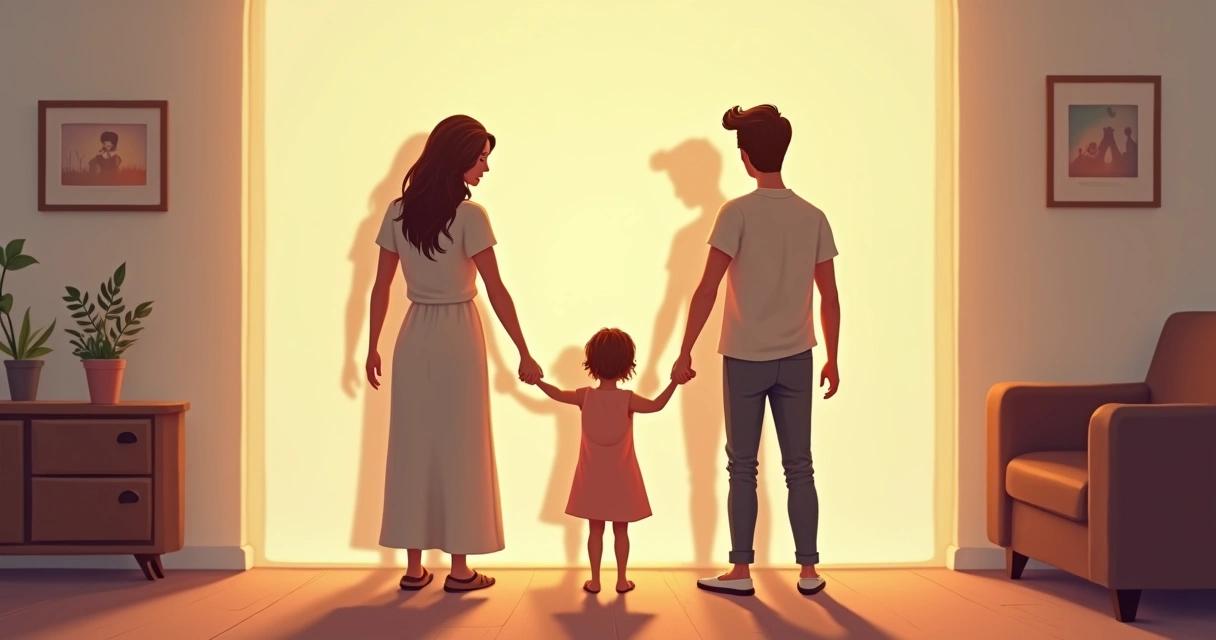 Silhouette of a family holding hands with their shadows merging together. 