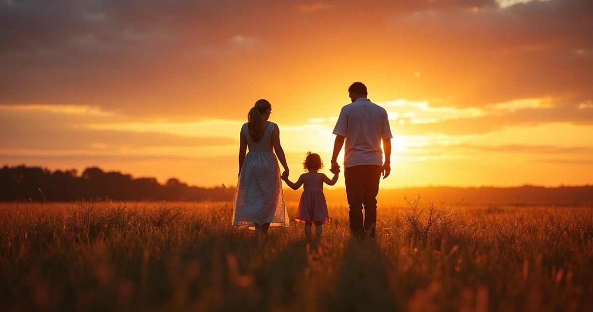 Multiple generations of a family holding hands in a natural outdoor setting at sunset.