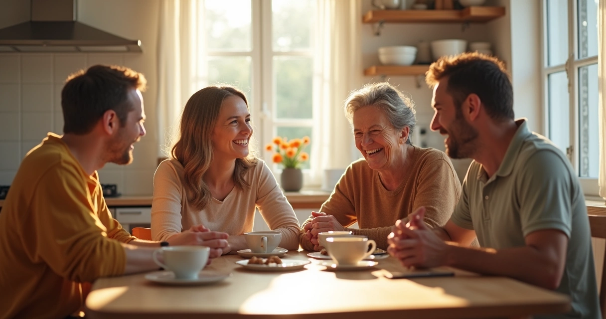 Family smiling and encouraging each other at a kitchen table