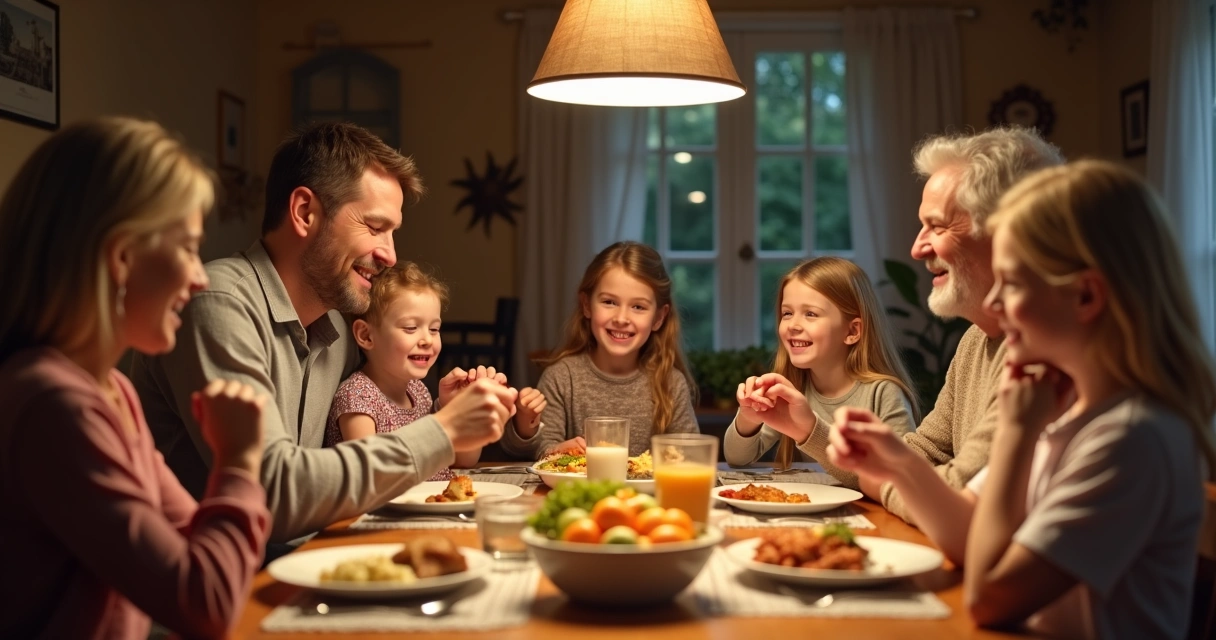 Family gathering around dinner table