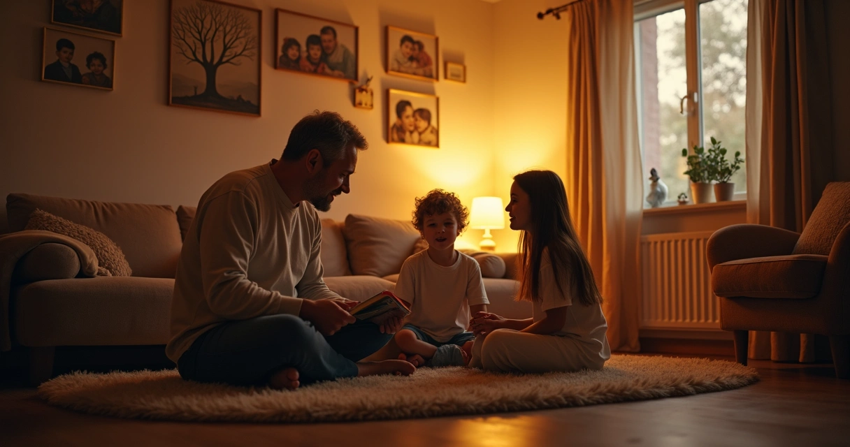Family gathered for storytelling in cozy living room