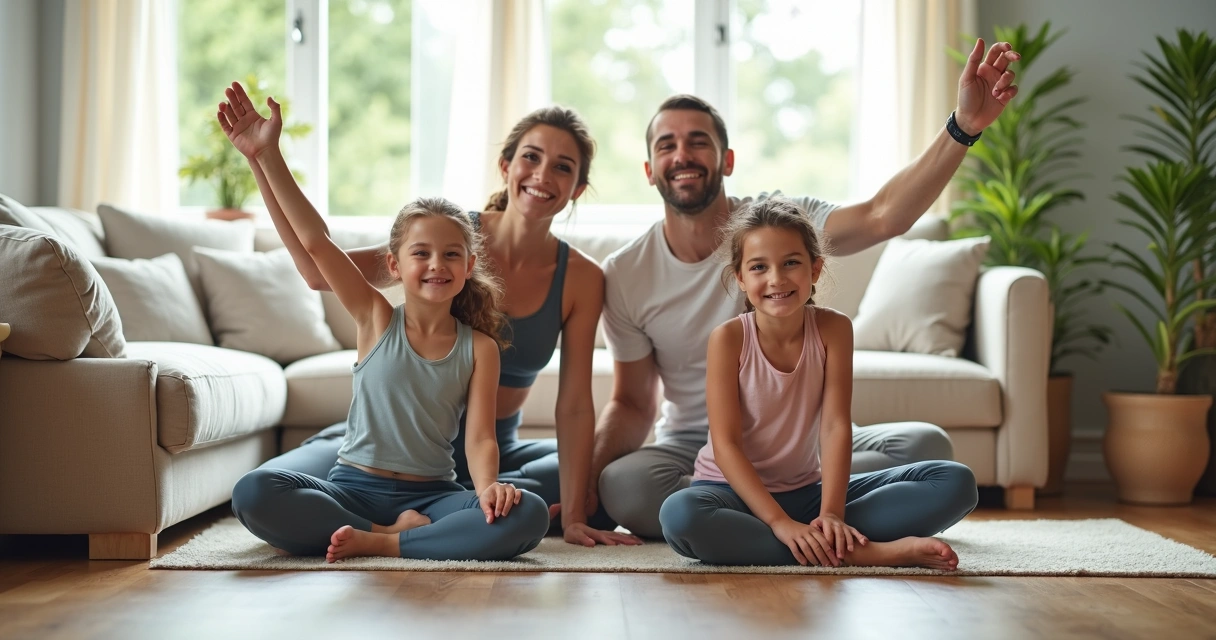 Family stretching together in a sunlit living room 
