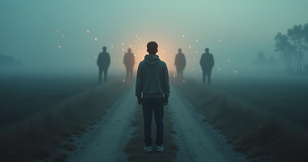 Adult at a crossroads with faint family figures tied by subtle strings 