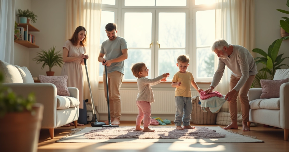 Family members cooperating in household tasks together