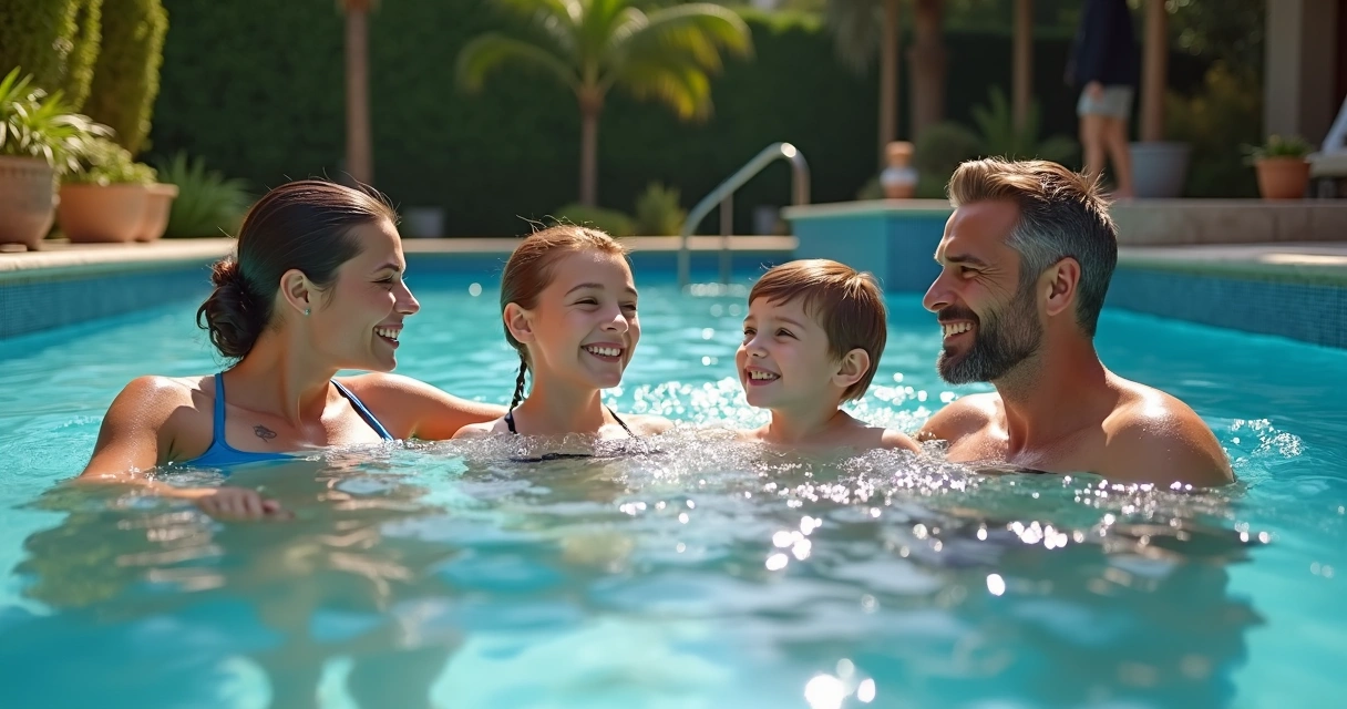 Family enjoying a swim in a magnesium mineral swimming pool with clear water and green garden 