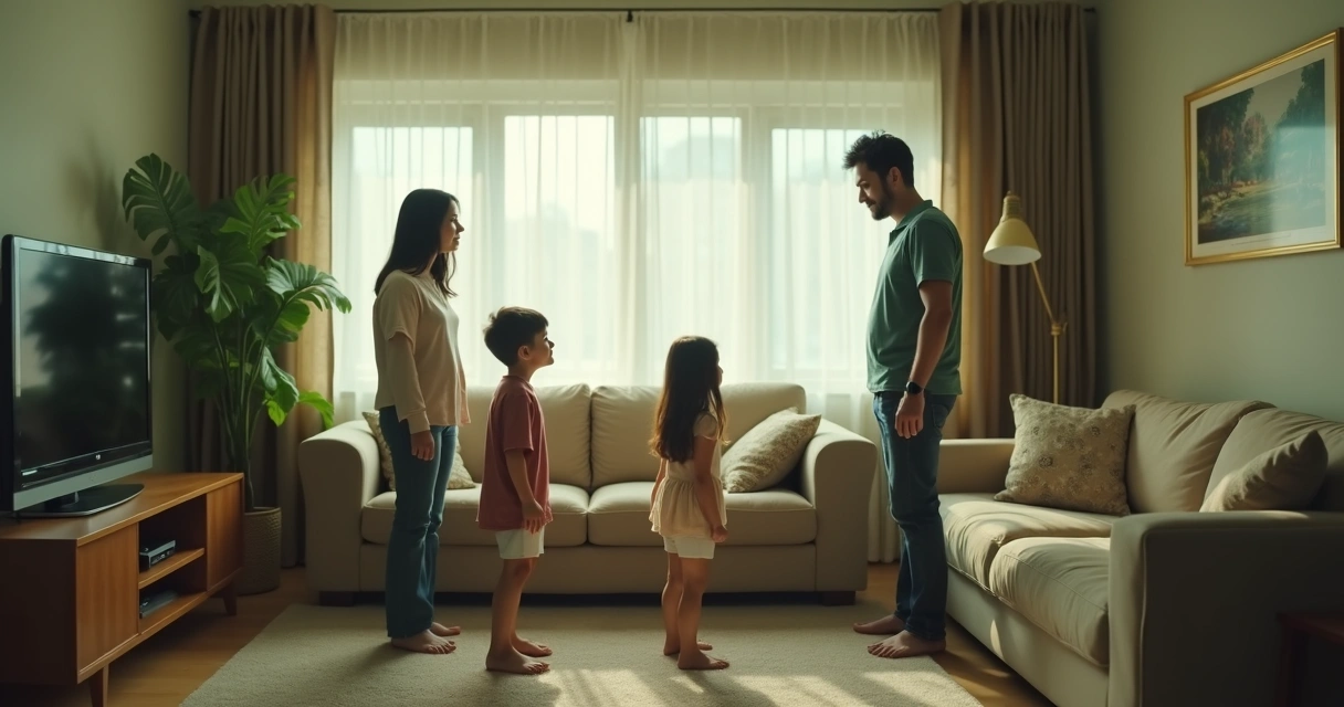 Family members connected by subtle lines in a living room scene 