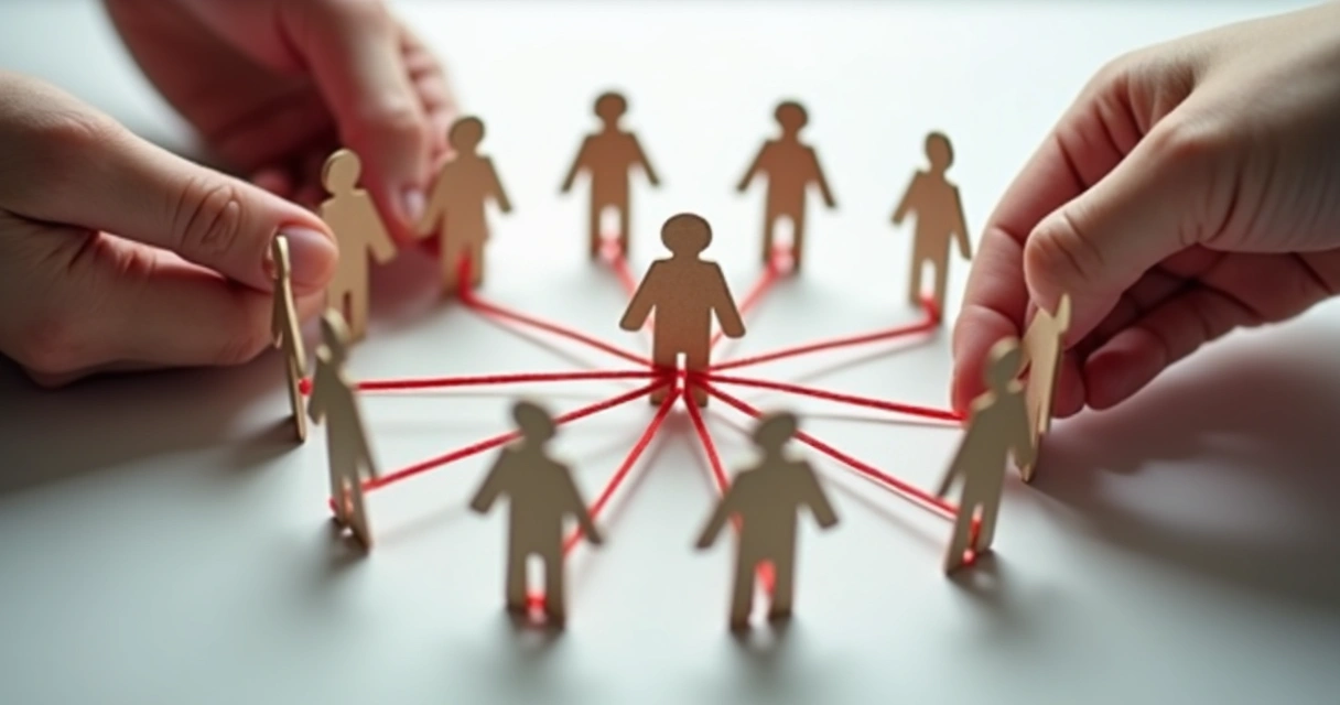 Paper figures of people forming a connected web symbolizing family system 
