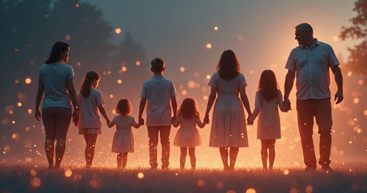 Abstract illustration of interconnected family members in different generations 