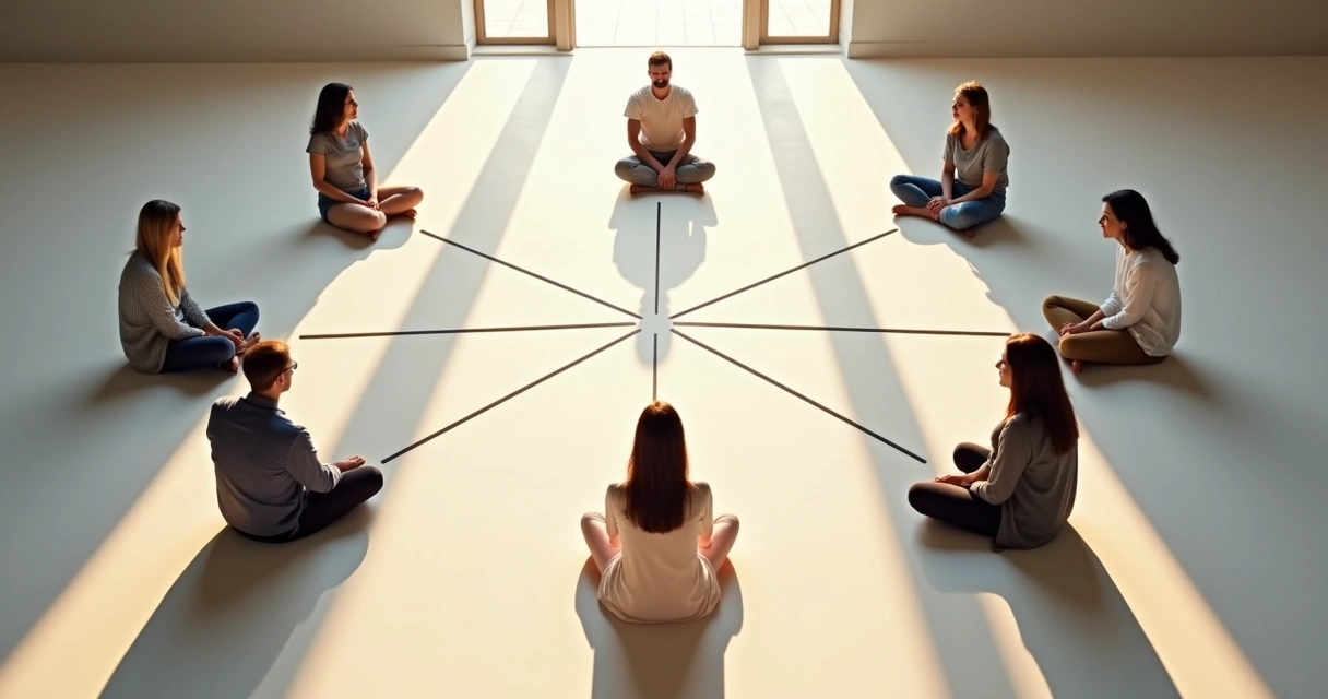 Family constellation session with people standing in a circle, connecting through lines on the floor