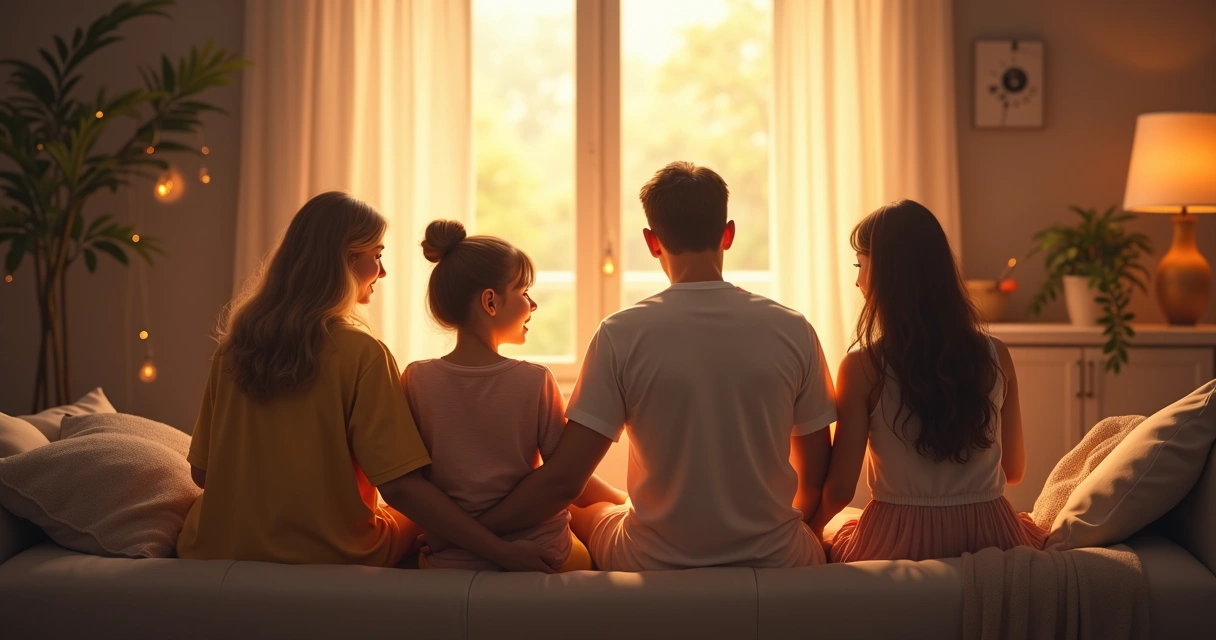 Illustration of a family sitting together, connected by lines showing relationships